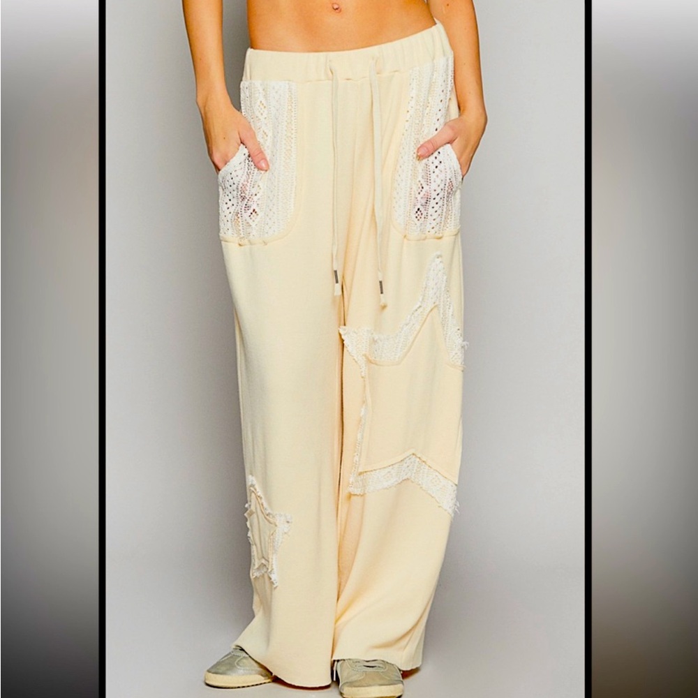 POL WIDE LEG RIBBED PANTS WITH STAR PATCH DETAIL!